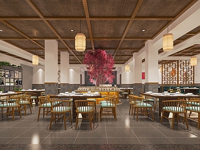 新中式火锅店 餐厅 餐馆 饭店 餐桌椅 灯笼 收银台 自助调料台 卡座