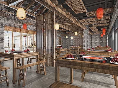 新中式火锅店 餐厅 餐馆 饭店 餐桌椅 灯笼 收银台 自助调料台 卡座