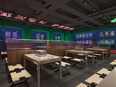 现代烧烤店 串串店 烤肉店 卡座 餐桌椅 霓虹灯 收银台 烤肉餐桌椅