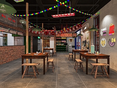 怀旧复古烧烤店 烤肉店 烤肉器具 串串店 餐饮 卡座 餐桌椅 广告灯牌