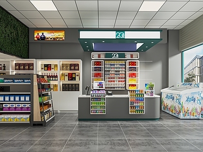 现代便利店 超市 零食店 小卖店 超市货架 展柜 收银台 冰柜 烟酒柜 生活用品区