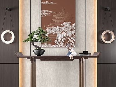 新中式玄关条案 端景台 松树盆栽