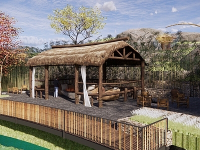新中式乡村旅游公园景观 间茅草亭 竹林公园旅游节点 间小屋 竹椅围炉