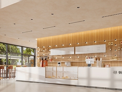 现代原木色甜品店 餐桌椅 吧台 植物 装饰小件