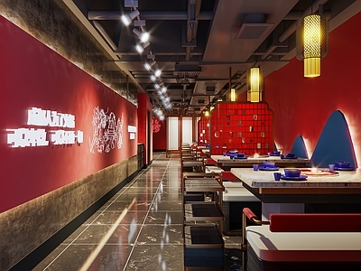现代国潮火锅店 火锅餐桌椅 灯笼隔断