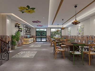 北欧火锅店餐厅 餐桌椅 饭店 餐馆 饭馆 前台 酒架 吊灯 装饰画
