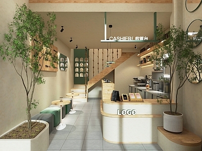 现代奶茶店 备餐区 收银 双层