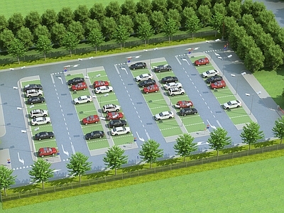 现代户外停车场 植草砖停车位 汽车