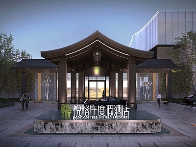 新中式酒店入口大门 酒店大门水景