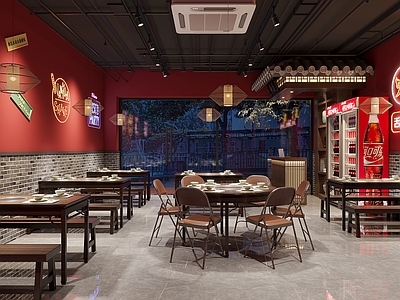 现代火锅店 火锅桌椅 圆形火锅桌 霓虹字 网红火锅