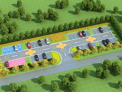 现代户外停车场 停车位 绿篱 汽车