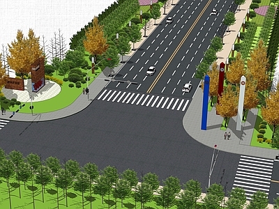 现代市政道路 地面交通道路标识 城市公路景观 斑马线 T字路口路灯