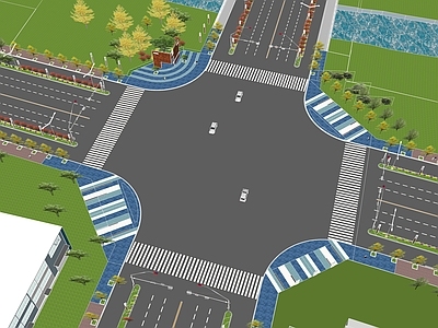 现代市政公路道路 斑马线 地面交通道路标识 城市公路景观 十字路口路灯