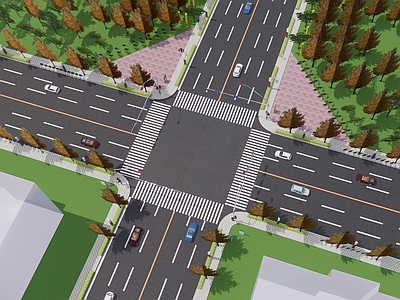 现代市政道路 十字路口 斑马线 地面交通道路标识 城市公路景观 路灯