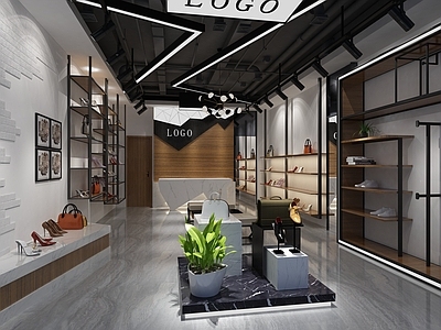 工业服装箱包店 门面 衣架 货架 鞋架 前台 沙发 形象墙