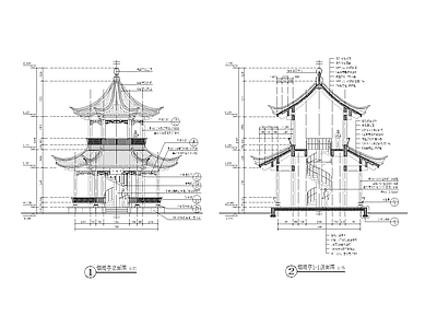 六角亭两层古建亭子 施工图