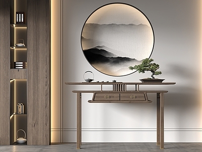 新中式端景台 实木玄关条案 松树盆景