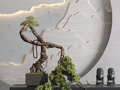 松树盆栽 石狮子 造型树 盆景 佛珠手串 桌面