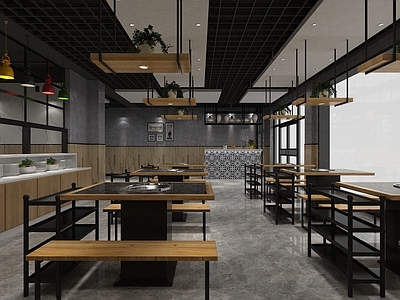 工业风火锅店餐厅 餐厅 餐馆 饭店 饭馆 酒店 餐桌椅 吊灯 前台 吧台