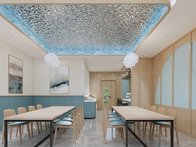 现代自助餐厅 员工餐厅 水文化 水吧台 折叠门
