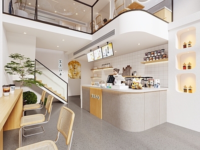现代奶茶店 备餐区 收银前台 休息区 双层