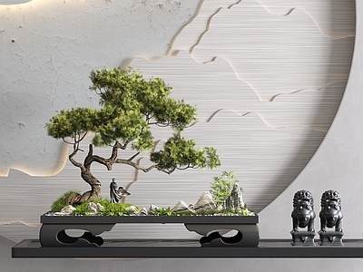 松树盆景盆栽 石狮子 桌面
