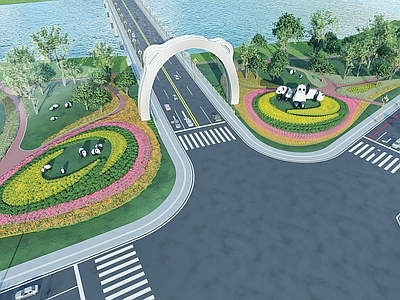 现代市政道路景观 大桥入户 熊猫 花带