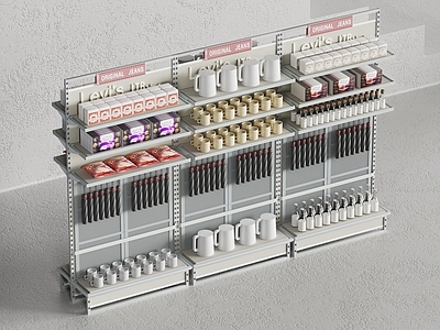 现代超市货架 展示架 食品 零食 罐头 薯片 杯子 热水壶 牛奶 雨伞