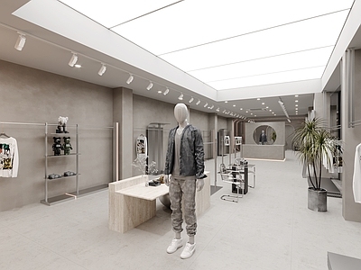 侘寂风男装服装店 服装货架 展台 门面招牌 模特假人 绿植盆栽