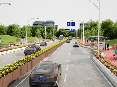 现代道路 马路 车 花 路面