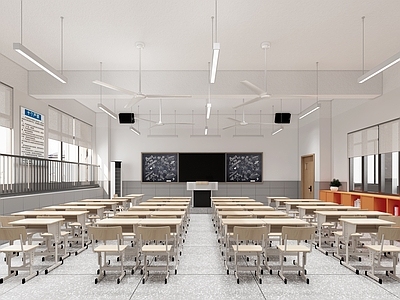现代学校教室 课桌椅 讲台 黑板