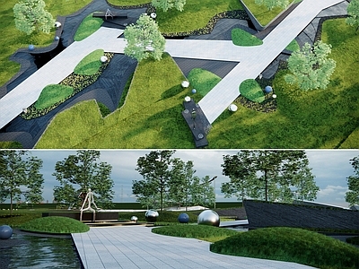 现代景观园路 水景小路 庭院景观小品 种植池树池