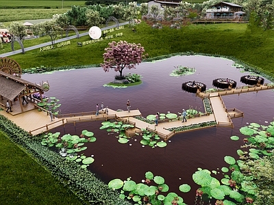 中式公园景观 莲花池 平台 木栈道