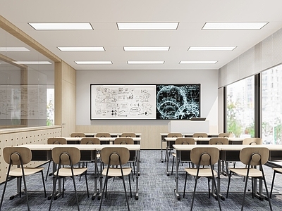 现代学校教室 课桌椅 黑板 讲台