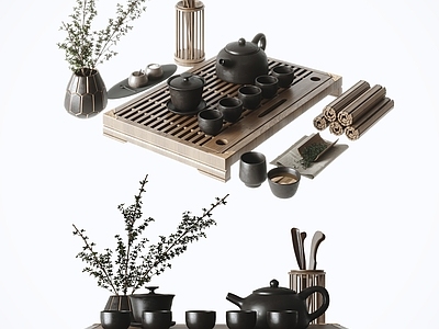 新中式茶具组合 茶盘托 茶壶 茶杯 茶叶 装饰摆件 茶桌摆设 陈设品