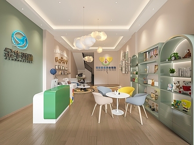 现代口才培训机构大厅 前台 休闲 云朵 展示柜 奖杯 玩具