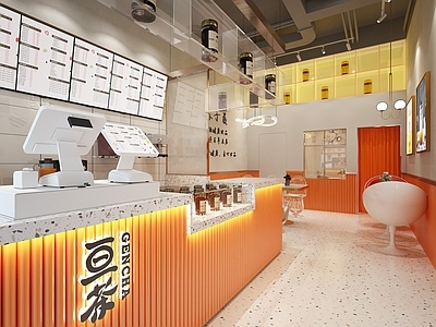 现代奶茶店 备餐区 单层 收银前台 休息区