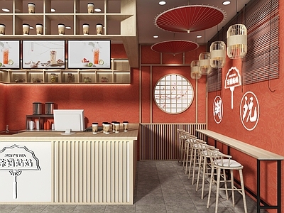 新中式奶茶店 备餐区 单层 收银前台 休息区