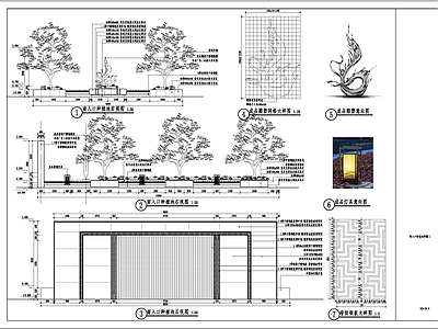 现代简约入口种植池及对景墙雕塑 灯柱 施工图 景观小品