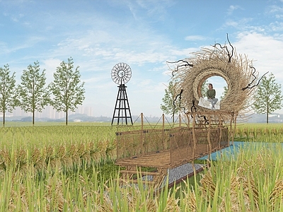 现代稻田农村 鸟巢景观 稻田栈道 观景木平台