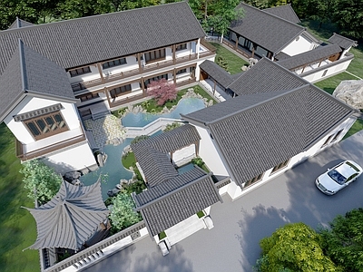 中式四合院 带水景花园