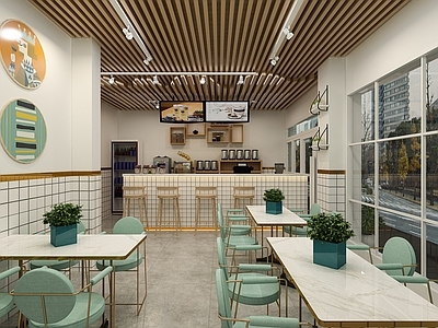 现代奶茶店 备餐区 户外 单层 收银