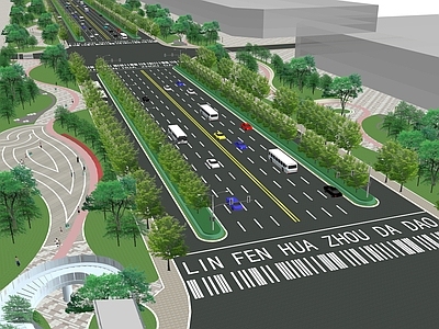 现代道路 过街天桥 公交停靠站 十字路口 街头小品 机动车道