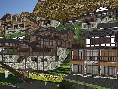 中式美丽乡村景观 乡村民房建筑 自建房 山地古镇村落 村庄民居风貌改造