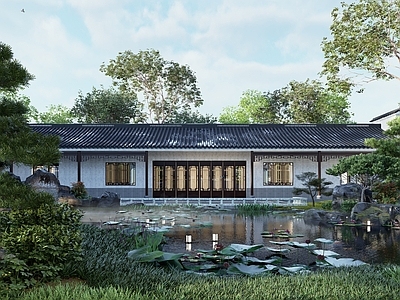 中式徽派四合院 带水景花园