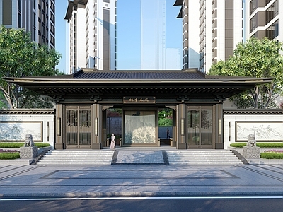 中式大门入口门头 居住区入口 景墙