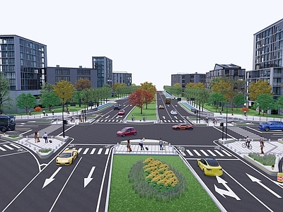 现代道路景观 十字路口 渠化岛 城市道路 市政道路 行车道 人行道 马路