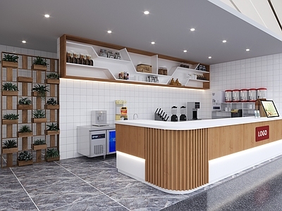 现代奶茶店 备餐区 单层 收银