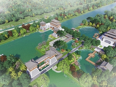 新中式古建筑 古建 河坝 楚风汉韵 城楼