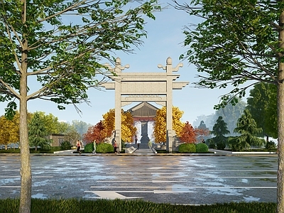 中式广场景观 展示大道 滨水广场 长廊